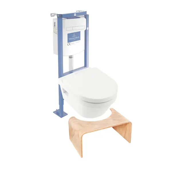 Pack WC suspendu sans bride Architectura 37 x 53 + abattant + plaque blanche + bâti + Tabouret bois VILLEROY ET BOCH Achetez Aujourd'hui