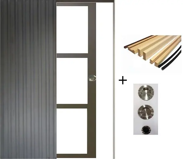 Porte Coulissante Gris Taupe RAL 7006 Vitrage transparent H204 x L83 cm, Galandage, kit finition (coquille et tire doigt) GD MENUISERIES Prix Choc