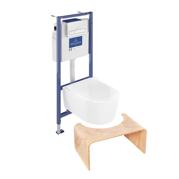 Pack WC sans bride Avento + Bâti support + abattant frein de chute + plaque chromée + Tabouret bois VILLEROY ET BOCH Prix Choc
