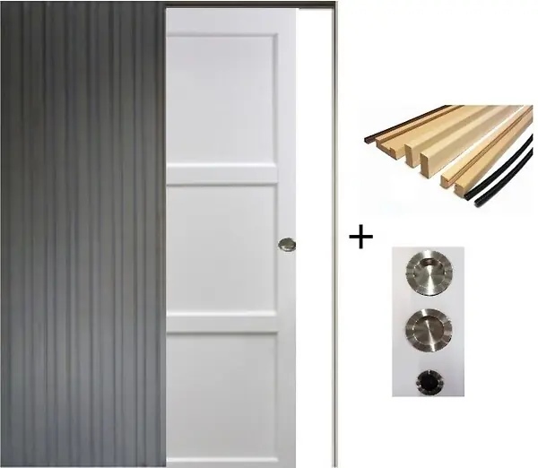 Prix Promo Porte Coulissante Korya Blanc 3 panneaux H204 x L93 cm, Galandage, kit finition (coquille et tire doigt) GD MENUISERIES