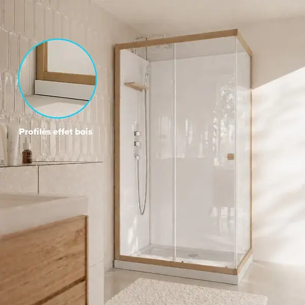 Acheter Direct Cabine de Douche Rectangle 110x80x200/230cm Effet Bois et Fonds Blancs - Receveur Bas AURLANE