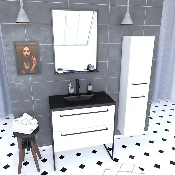Achat Immédiat Meuble de salle de bain 80x50 cm - 2 tiroirs blanc - vasque resine noir effet pierre + colonne AURLANE