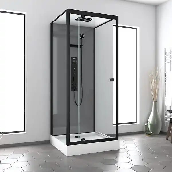 Cabine de douche Hydromassante 90x90x215 cm - Fonds Gris et Profilés Noir Mat - GREY STYLE AURLANE Vente Directe