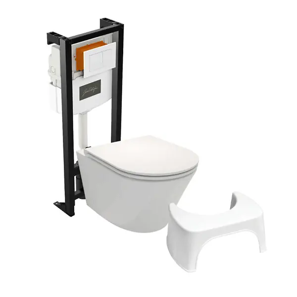 Haute Qualité Pack WC suspendu sans bride Rodin+ avec abattant + bâti support + plaque blanche + tabouret blanc JACOB DELAFON