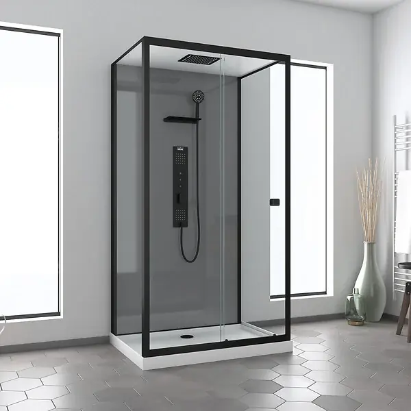 Cabine de douche Hydromassante 110x80 Receveur Bas - Fond Gris et Profilés Noir Mat - GREY STYLE LOW AURLANE Nouveauté