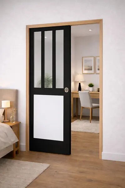 Produit De Marque Porte Coulissante Atelier noir, blanc Vitrée H204 x L73 cm, Galandage, kit de finition GD MENUISERIES