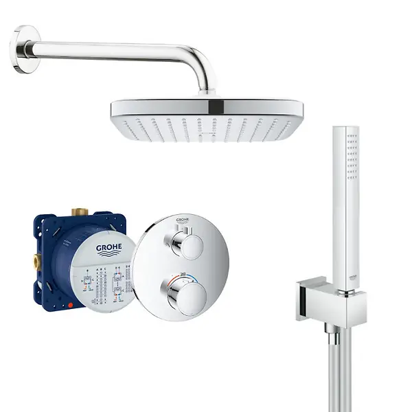 Promotion Saisonnière Grohtherm Set de douche encastré avec mitigeur thermostatique, douche de tête 250mm + Douchette avec support mural, Chrome GROHE