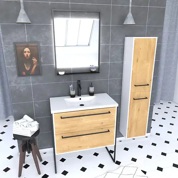 Meuble Salle de Bains 80 cm, Vasque Blanche, Miroir Led et Colonne - Blanc et Chêne - STRUCTURA AURLANE Prix Cassé