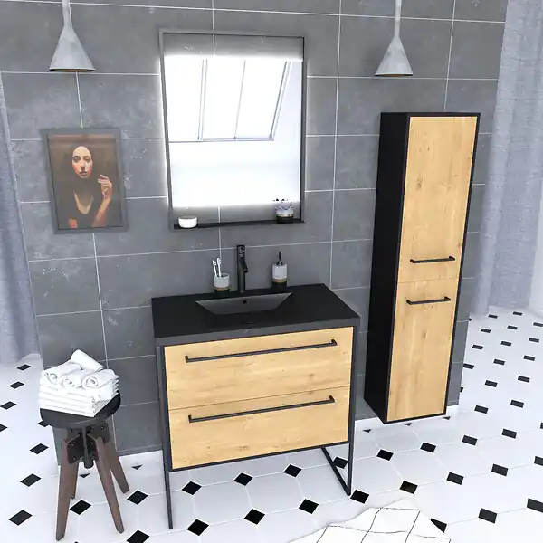Meilleur Choix Meuble Salle de Bains 80 cm, Vasque Noire, Miroir Led et Colonne - Chêne et Noir - STRUCTURA AURLANE