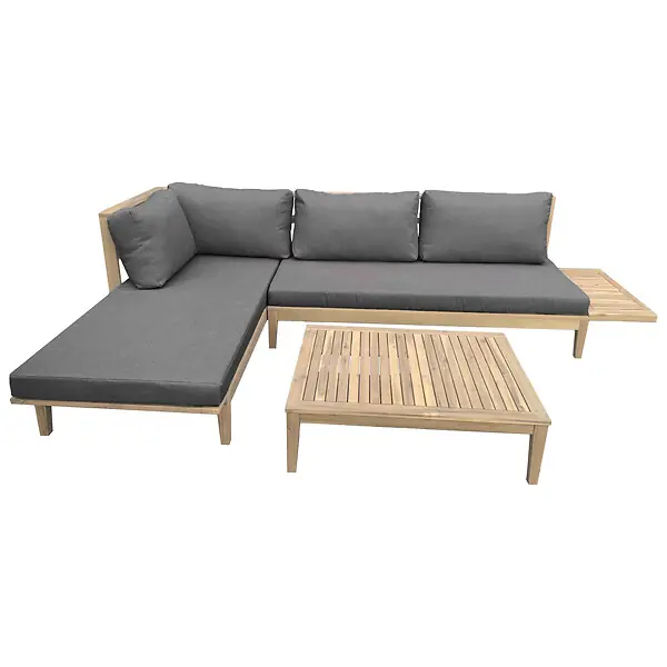 Salon de jardin en acacia 4 places PANGKOR - coussins gris HAPPY GARDEN Nouvel Arrivage