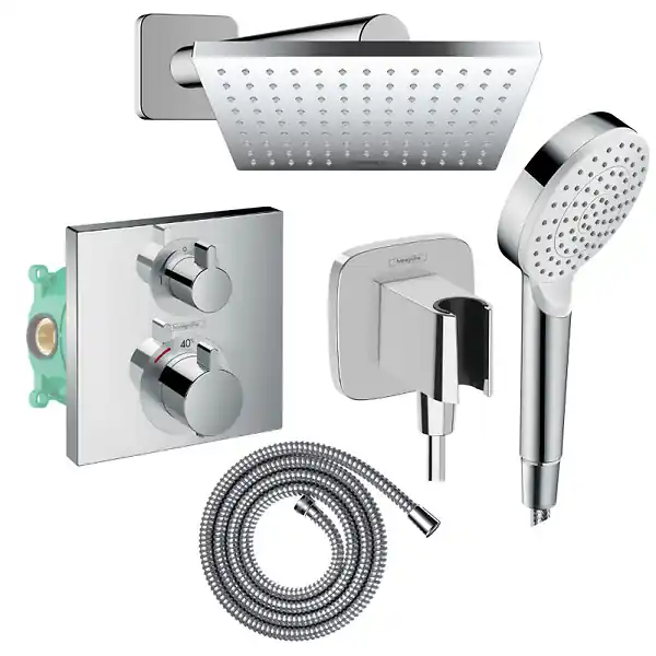 Colonne douche thermostatique Ecostat Square Douche de tête Vernis Shape Flexible Metaflex Douchette Crometta chromé HANSGROHE Remise