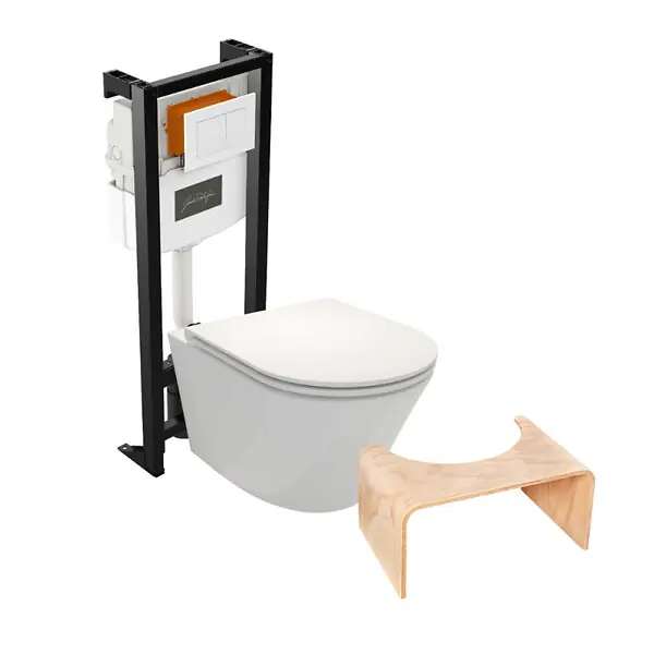 Expédié Aujourd'hui Pack WC suspendu sans bride Rodin+ avec abattant + bâti support + plaque blanche + tabouret bois JACOB DELAFON
