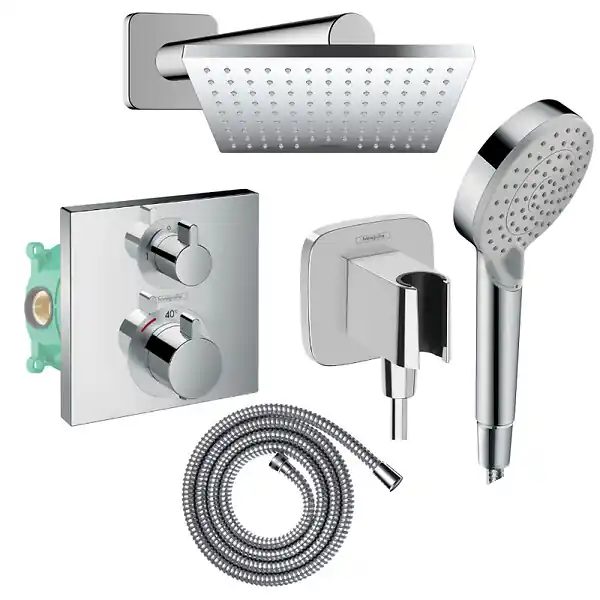 Colonne douche thermostatique Ecostat Square Douche de tête Vernis Shape Flexible Metaflex Douchette Vernis Blend chromé HANSGROHE Nouveauté