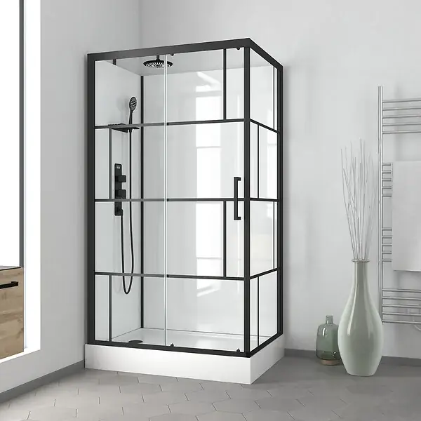 Cabine de douche 110x80cm / Receveur Haut - Verre transparent sérigraphié et Blanc - Profilés Noir AURLANE Jusqu'à Épuisement Des Stocks