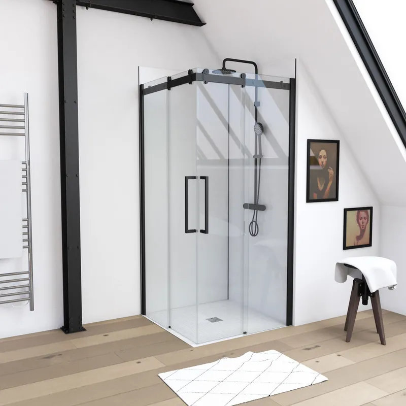Commander Maintenant Accès d‘angle coulissant 90x90x200 cm profilé noir verre transparent 5 mm Rolling - AURLANE