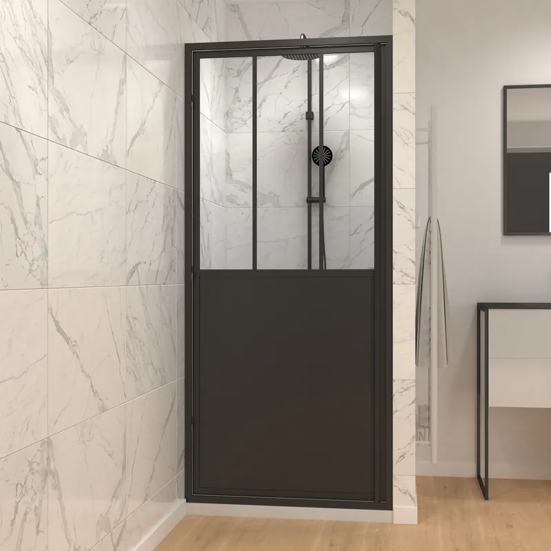 Affaire À Saisir Porte de douche pivotante 80x200 cm profilé noir verre transparent 5 mm Fabrik - AURLANE