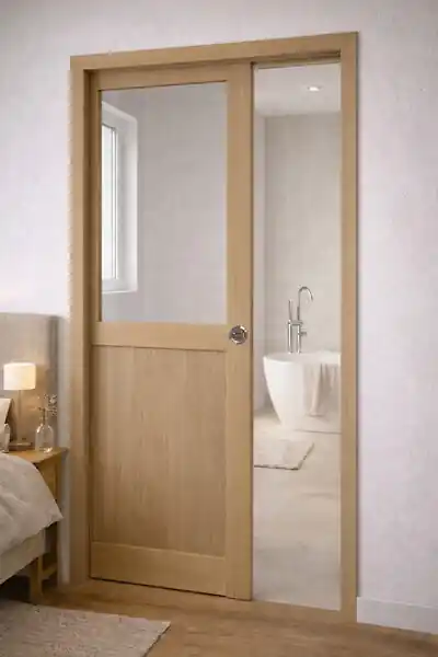 Dernière Chance Porte Coulissante Atelier placage chene Vitrée H204 x L73 cm, Galandage, kit finition GD MENUISERIES