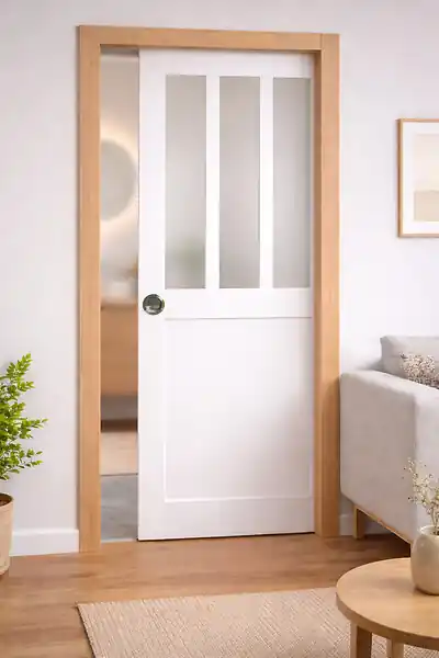 Haute Qualité Porte Coulissante Atelier Blanc vitre depoli H204 x L93 cm, Galandage, kit finition (coquille et tire doigt) GD MENUISERIES