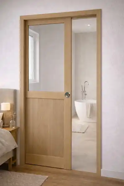 Dernier Modèle Porte Coulissante Atelier placage chene Vitrée H204 x L83 cm, Galandage, kit finition (coquille et tire doigt) GD MENUISERIES