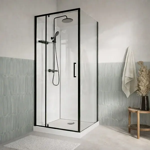 Cabine de Douche Carrée 90x90 - Colonne Thermostatique Noire et Receveur Bas Effet Pierre AURLANE Dernière Chance