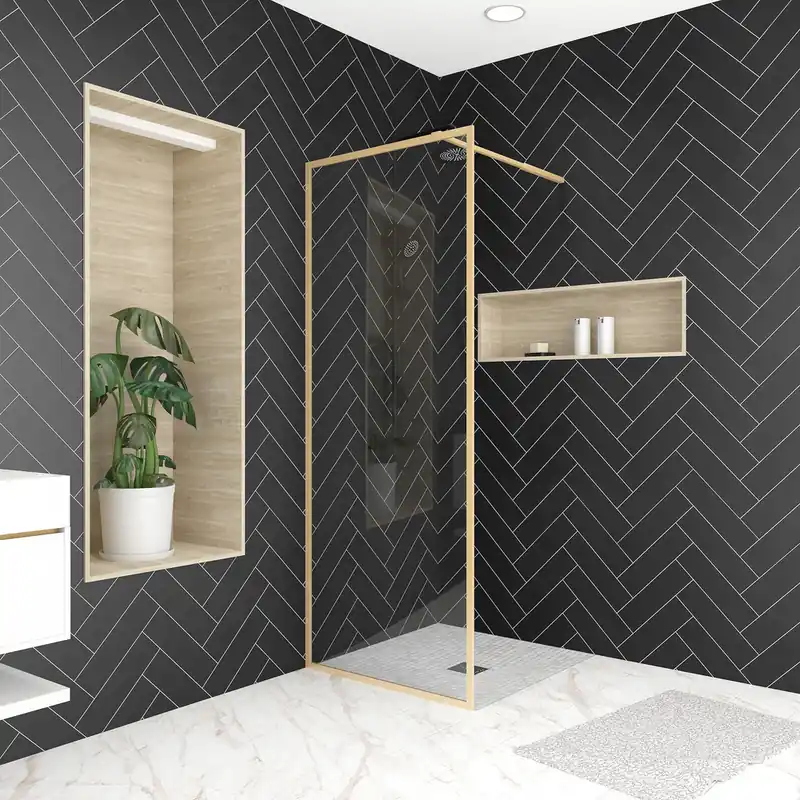 Commander Vite Paroi de douche latérale fixe 80x200 cm profilé or verre transparent 6 mm Golden Edge - AURLANE