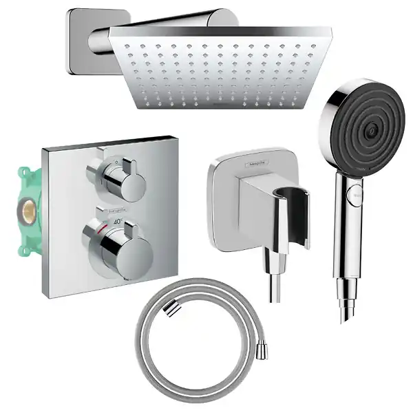 Colonne douche thermostatique Ecostat Square Douche de tête Vernis Shape Flexible Isiflex Douchette Pulsify chromé HANSGROHE Authentique