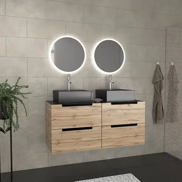 Acheter En Ligne Meuble salle de bains 120cm Chene et noir, Vasques carrees et Miroirs Led Diam 50cm - OMEGA AURLANE