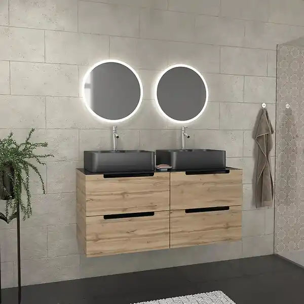 Meuble salle de bains 120cm Chene et noir, Vasques rectangulaires et Miroirs Led Diam 50cm - OMEGA AURLANE Meilleure Vente