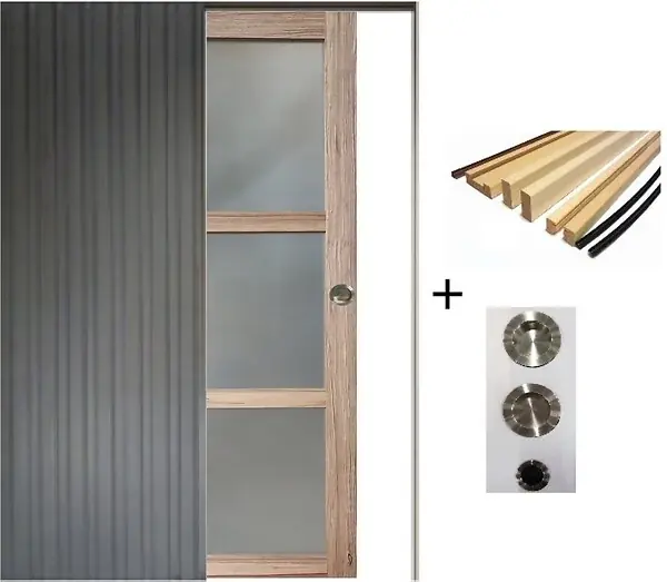 Offre Spéciale Porte Coulissante bois Frake Vitrée H204 x L73 cm, Galandage, kit finition (coquille et tire doigt) GD MENUISERIES