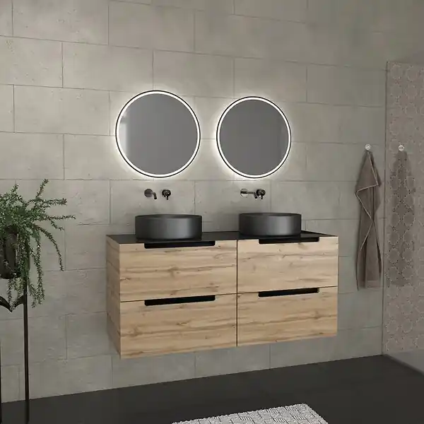 Offre Spéciale Meuble salle de bains 120cm Chene et noir, Vasques rondes Diam 36cm et Miroirs Black Led Diam 50cm AURLANE