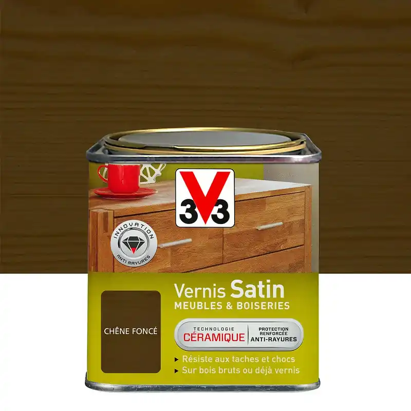 Vernis satin meubles et boiseries chêne foncé 0,5 l. V33 Livraison Express