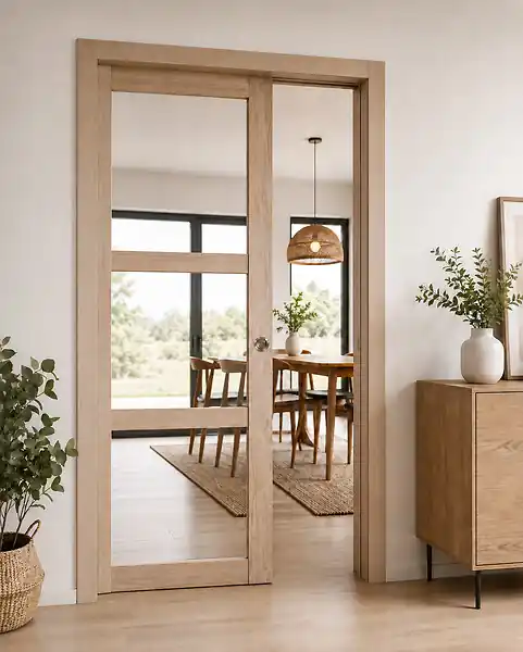 Porte Coulissante bois Frake Vitrage transparent H204 x L83 cm, Galandage, kit de finition GD MENUISERIES Nouvel Arrivage