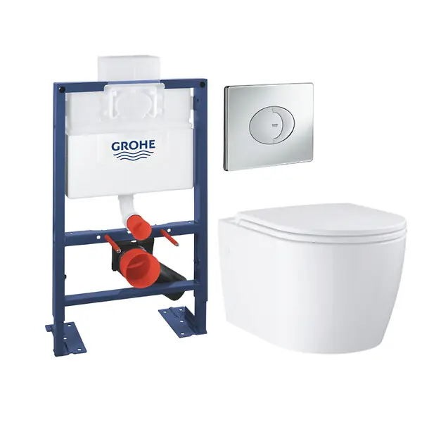 Commande En Gros Pack WC suspendu sans bride Start Round Ceramic + Bati support hauteur réduite universel mur-sol + Plaque carré chromé GROHE