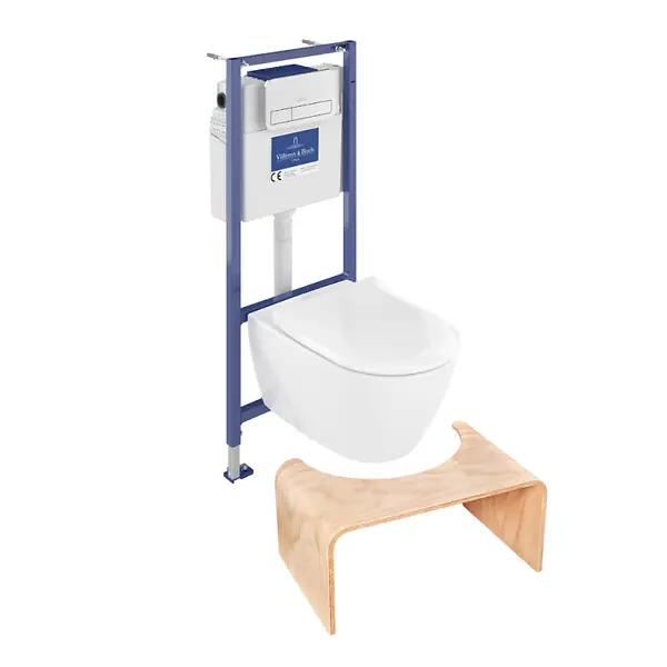 Dernier Modèle Pack WC sans bride Subway 2.0 avec abattant frein de chute + bâti Viconnect PRO + plaque blanche + Tabouret bois VILLEROY ET BOCH