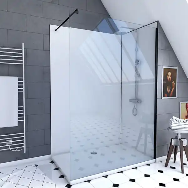 Affaire À Saisir Pack douche à l‘Italienne 90x120 - Kit Panneaux muraux Blanc/Noir + receveur + Paroi transparente AURLANE