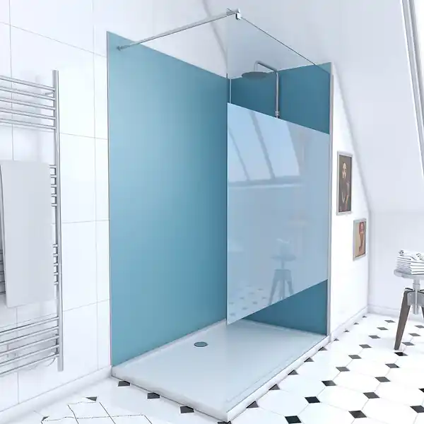 Pack Douche a l‘Italienne 90x120 - Kit Panneaux Muraux Bleu/Chrome + Receveur + Paroi Depolie 8 mm AURLANE Nouvelle Collection