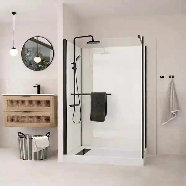 Prix Réduit Cabine de Douche à l‘Italienne 120x90 - Colonne Thermostatique Noire et Receveur Haut Effet Pierre AURLANE