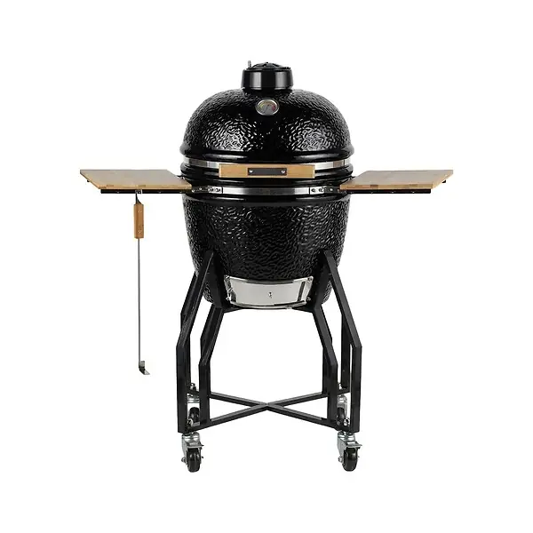 Barbecue à charbon de bois Céramique Kamado Noir 2 zones de cuisson Grill & Fumoir Ø56cm - Barbecue mobile + 2 tablettes INTEC Offre Du Jour