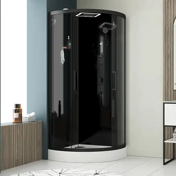 Cabine de douche 1/4 de cercle Hydro 95x95x215 cm - Portes coulissantes - Fonds & Profilés Noir Mat AURLANE Prix Choc