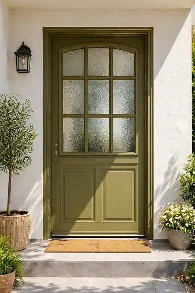 Paiement Sécurisé Porte d‘entrée Bois Vitrée Andore Vert Gris Olive, H215 x L80 cm Côte Tableau p.Droit (Poignée, Barillet ref 010403FP) GD MENUISERIES