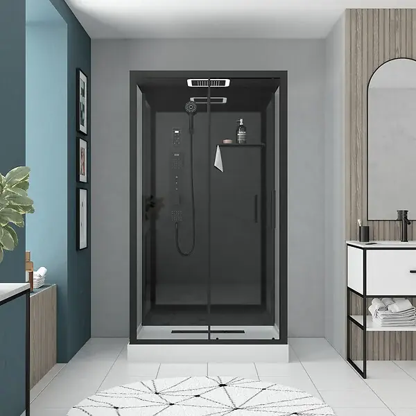 Cabine de douche Hydromassante 115x90x218 cm - Porte coulissante - Fonds & Profilés Noir Mat AURLANE Soldes