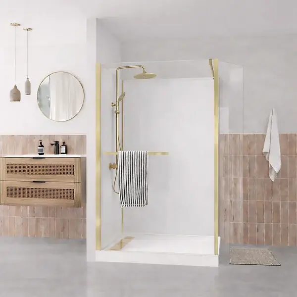 Expédié Aujourd'hui Cabine de Douche à l‘Italienne 120x90 Colonne Thermostatique Or Brossé et Receveur Haut Effet Pierre AURLANE