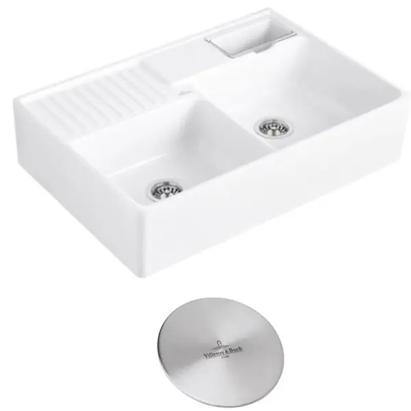 Promotion Saisonnière Evier timbre d‘office Tradition 89,5 x 63 céramique vidage auto blanc + Cache bonde acier massif VILLEROY ET BOCH