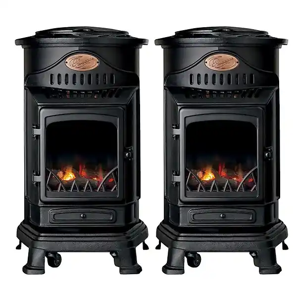 Offre Exclusive Pack de 2 Poêles à gaz Noir Provence en fonte 3,4KW Effet feu Chauffage d‘appoint gaz sur roues INTEC
