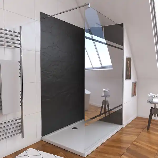 Retour Gratuit Ensemble complet douche à l‘Italiennne avec Receveur 90x90 + Paroi Miroir + Panneaux muraux Ardoise AURLANE