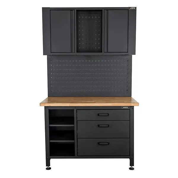 Nouvel Arrivage Etabli d‘Atelier Garage avec Armoire de Rangement - Plan de travail Bois 2 Armoires 3 tiroirs Panneau perforé Charge 500kg VITO