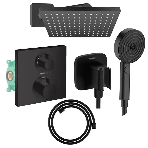 Prix Promo Colonne douche thermostatique Ecostat Square Douche de tête Vernis Shape Flexible Designflex Douchette Pulsify noir mat HANSGROHE