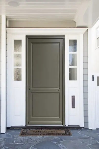 Porte d‘entrée Bois Pleine Elixir, Vert Gris Olive, H215 x L90 cm Côte Tableau, p.Droit (Poignée, Barillet ref010723NO) GD MENUISERIES Seulement Aujourd'hui