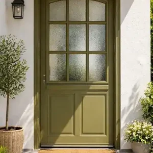 Achat Immédiat Porte d‘entrée Bois Vitrée Andore Vert Gris Olive, H215 x L80 cm Côte Tableau p.Droit GD MENUISERIES