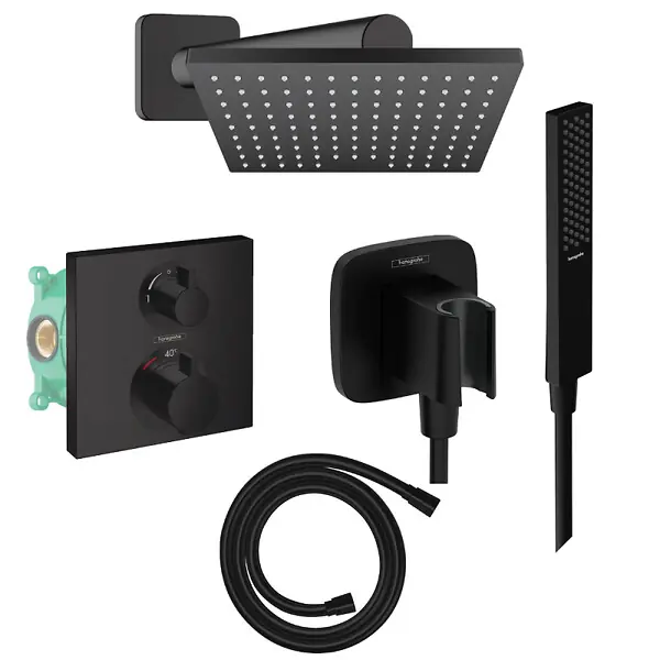 Solde Colonne douche thermostatique Ecostat Square Douche de tête Vernis Shape Flexible Isiflex Douchette Pulsify E noir mat HANSGROHE